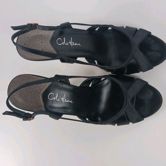 Cole Haan Sari Air Sling Black Satin Size 8.5 Open Toe Heels Air Tech Footbed - Picture 6 of 16